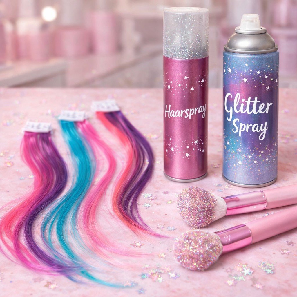 Haar-Extras bei der Beauty Party – Glitzerspray, bunte Strähnen und Haarspray